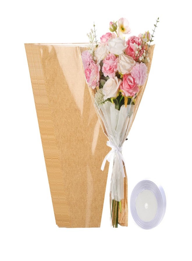 HSONAIGEE 50 Pieces Flower Bouquet Wrapping Paper, 22 x 14.2 Inch Extra Large Flower Bags for Bouquets Kraft Floral Wrap Sleeves with Ribbons for Home Mother’s Day Wedding Flower Bar Supplies - Image 1